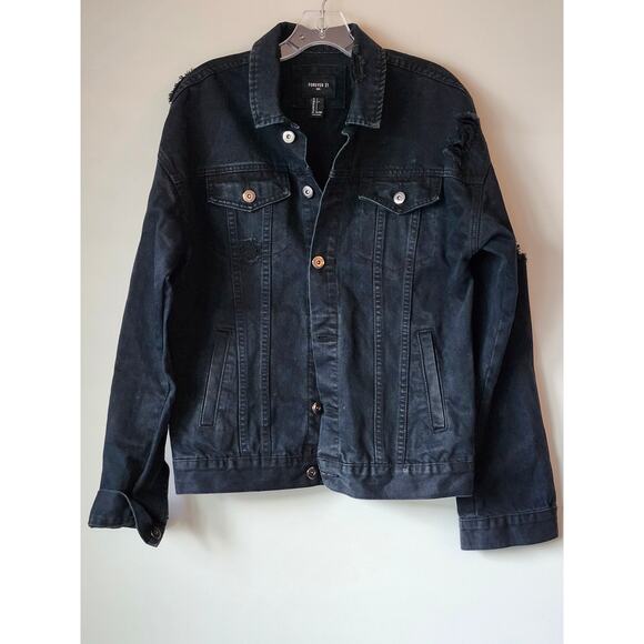 Forever 21 Distressed Black Denim Oversized Men Jacket Hip Hop Y2K Small A0040 - Picture 1 of 6
